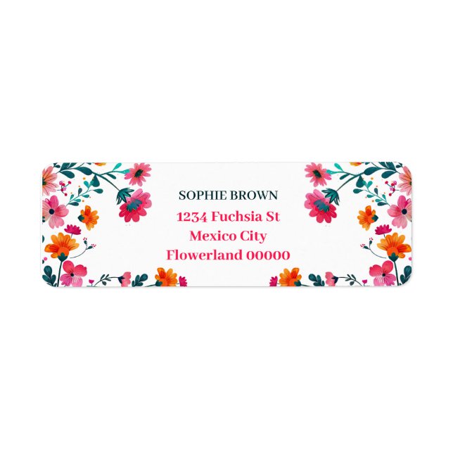 Etiqueta Acuarela Fuchsia Flores Dirección de devolución de (Frente)