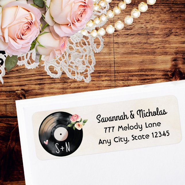Etiqueta Acuarela Monogramada Floral Vinil Record (A monogrammed vinyl record return address label with floral accents and vintage, elegant charm. )