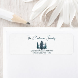 Etiqueta Acuarela Navy Blue Pine Trees Feliz Navidad