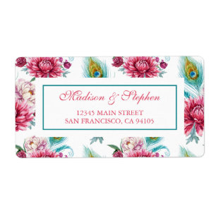 Etiqueta Acuarela Peacock y Floral Roja - Boda