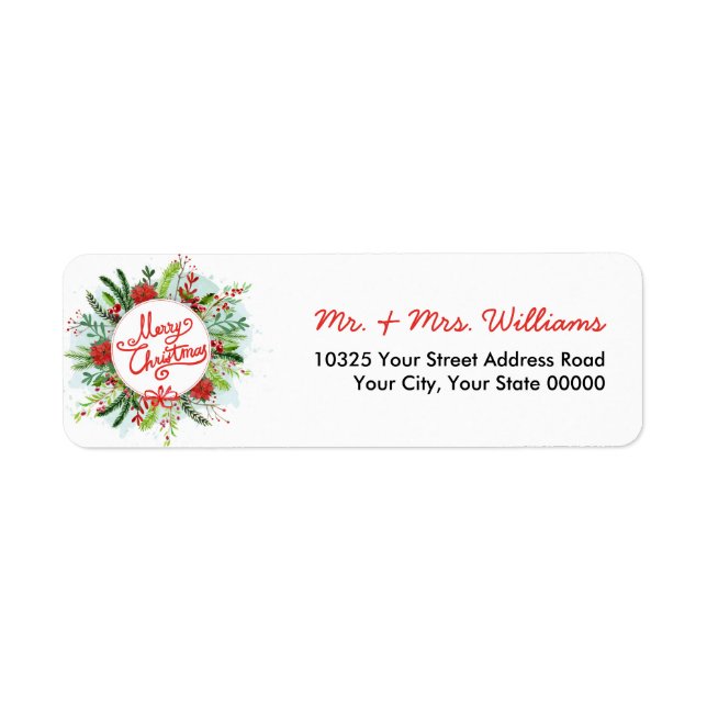 Etiqueta Acuarela Poinsettia Wreath Merry Christmas (Frente)