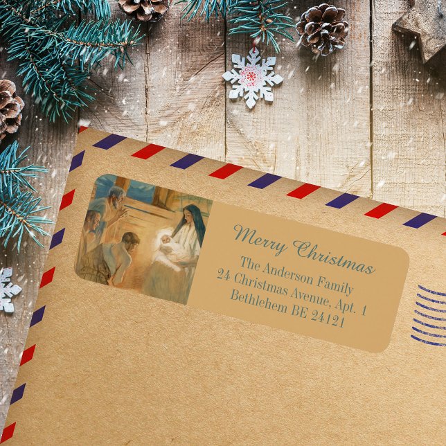 Etiqueta Acuarela Religiosa Cristiana Feliz Navidad (Watercolor Modern Religious Christian Catholic Merry Christmas Holiday Return Address Labels)