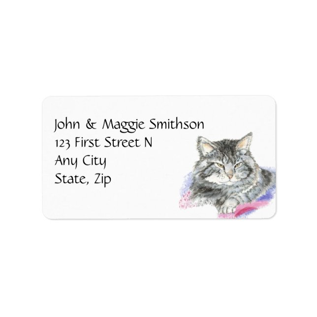 Etiqueta Acuarela Tabby Cat Mascota Dirección de Personaliz (Frente)