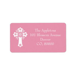 Etiqueta Address Labels Floral Cross Christening Rose Pink