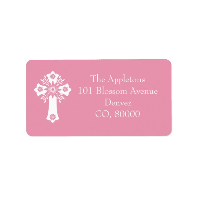 Etiqueta Address Labels Floral Cross Christening Rose Pink (Frente)