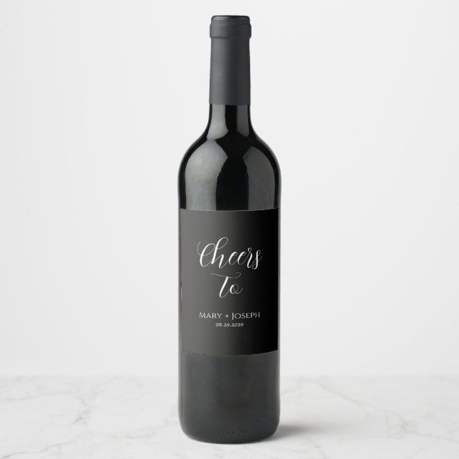 Etiqueta Adhesiva de Vino para Boda Negra Elegante (Anverso)