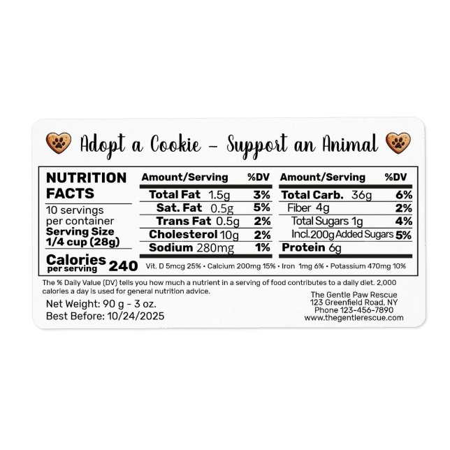 Etiqueta Adopt a Cookie Animal Rescue Bake Nutrition Facts (Frente)