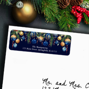 Etiqueta Adorno de árbol de Navidad azul dorado Dirección d