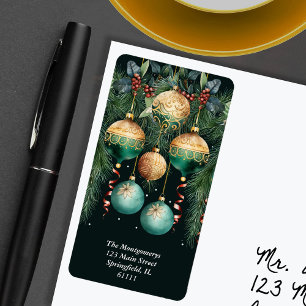 Etiqueta Adorno de árbol de Navidad dorado y verde con dire