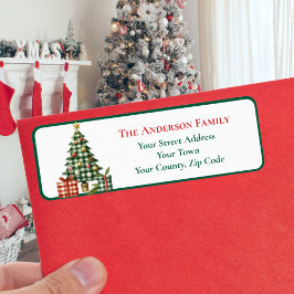 Etiqueta Adornos de árbol de Navidad de gingham verde moder