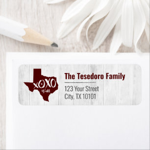 Etiqueta Aggies Maroon XOXO, Y'all - Forma de estado de Tex
