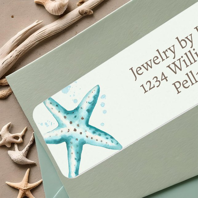 Etiqueta Agua azul suave Starfish Elegante playa del Océano (Watercolor starfish stylish ocean beach aqua blue Summer return address labels
)