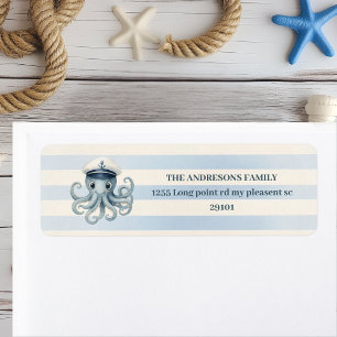 Etiqueta Ahoy Octopus Nautical     Rayas Azules Pastel