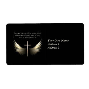 Etiqueta Alas del Espíritu Santo con versos de cruz y escri