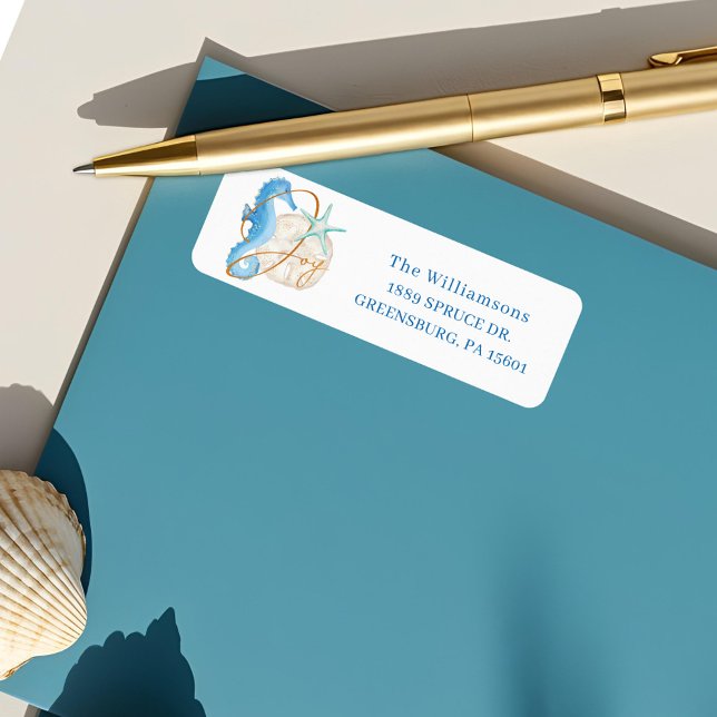 Etiqueta Alegría acuarela Ocean Beach Hipposo y Seasheles (Joy Watercolor Ocean Beach Seahorse & Seashells Label)
