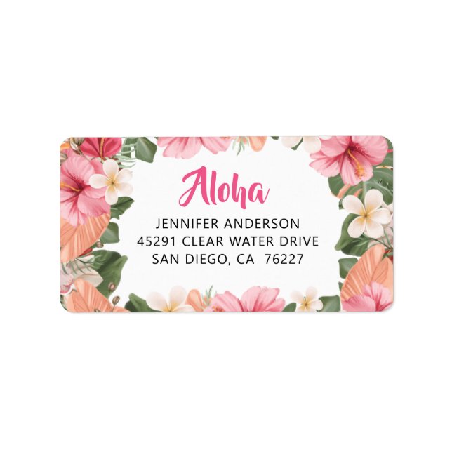 Etiqueta Aloha Hawaiian Tropical Hibiscus Luau Dirección (Frente)