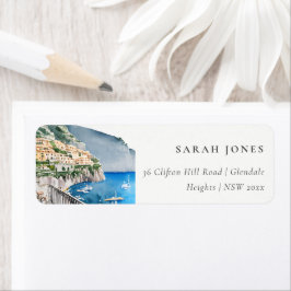 Etiqueta Amalfi Coast Italia Dirección de paisaje acuático