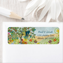 Etiqueta Amores Vintage Aves Árbol de frutas Colinas Damask