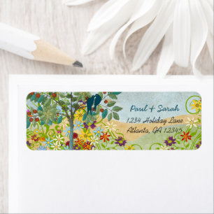 Etiqueta Amores Vintage Aves Árbol de frutas Colinas Damask