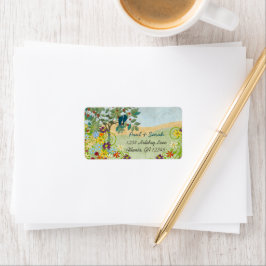 Etiqueta Amores Vintage Aves Árbol de frutas Colinas Damask
