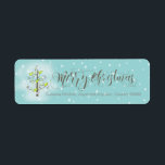 Etiqueta Angel Christmas Tree Blue ID197<br><div class="desc">Un estilizado y único árbol de Navidad coronado por ángeles, latas de dulces y oropel se coloca sobre un fondo de pequeños copos de nieve para el diseño presentado en esta llamativa etiqueta de dirección de retorno. El hermoso texto del guión de 'Feliz Navidad' es opcional y puede ser borrado...</div>