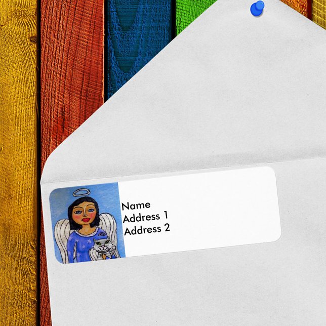 Etiqueta Ángel Gato de Arte Popular (Angel holding white cat angel on sky blue and white return address label.)