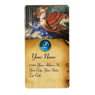 Etiqueta Ángel reuniendo flores en un paisaje celestial