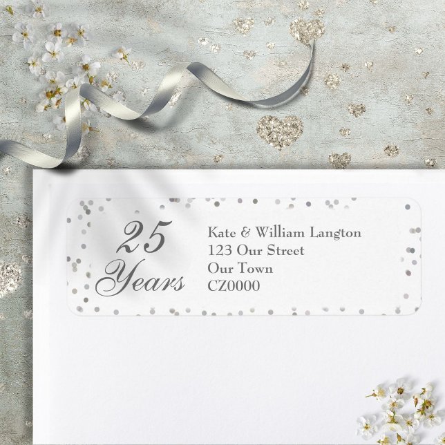 Etiqueta Aniversario de Bodas de Plata con Confeti de Estre (25th Wedding Anniversary Silver Stardust Confetti Label)