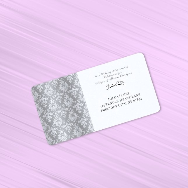 Etiqueta Aniversario del 25° Boda de la Damasco de Plata (Silver Damask 25th Wedding Anniversary Return Address Label)