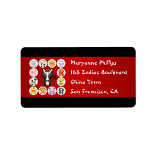 Etiqueta Año chino del zodiaco del caballo rojo y negro