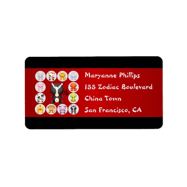 Etiqueta Año zodiaco chino del caballo rojo y negro (Frente)