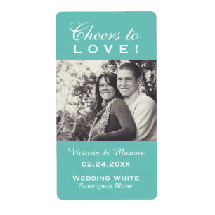 Etiqueta Aqua Cheers to Love Boda Foto Botella de vino