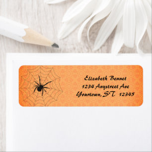 Etiqueta Araña en una Telaraña Fondo Naranja Halloween