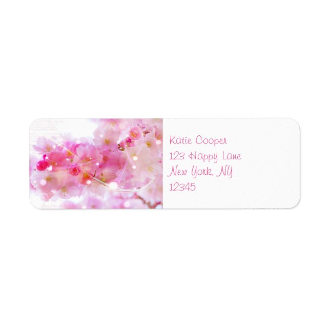 Etiqueta Árbol de cerezo japonés con flores rosadas pastele (Frente)