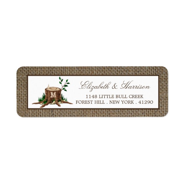 Etiqueta Árbol de monograma rústico y Boda Burlap (Frente)