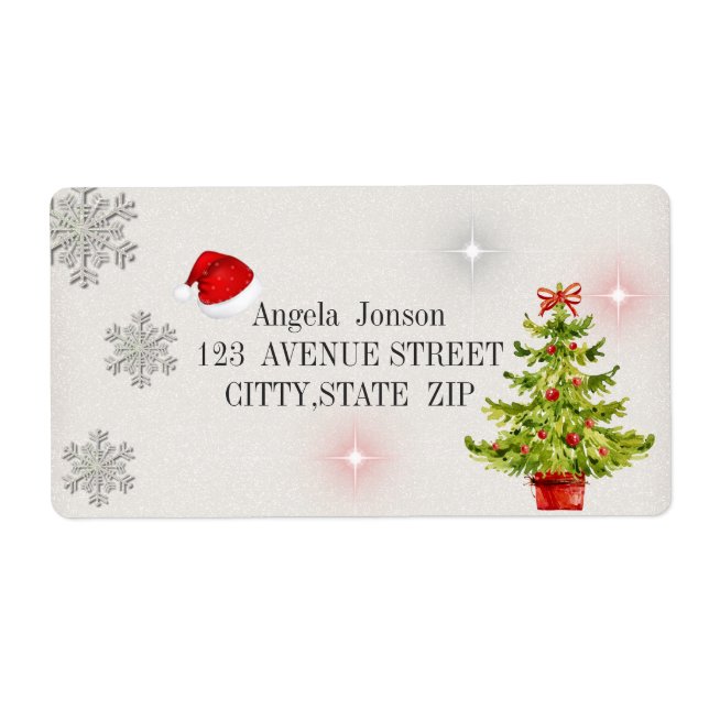 Etiqueta Árbol de navidad acuarela, Santa Hat, Purpurina (Frente)