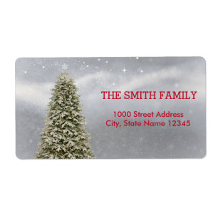 Etiqueta Árbol de Navidad con fondo de nieve