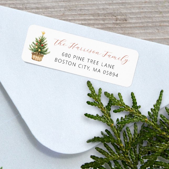 Etiqueta Árbol de Navidad Rústico en Cesta Dirección (Rustic Christmas Tree In Basket Address Label)