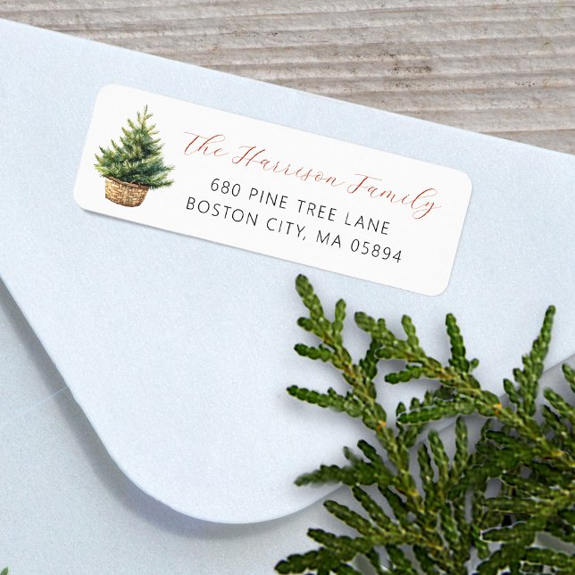 Etiqueta Árbol de Navidad Rústico en Cesta Dirección (Rustic Christmas Tree In Basket Address Label)
