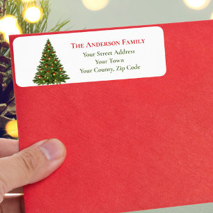 Etiqueta Árbol de Navidad tradicional verde con lazos rojos