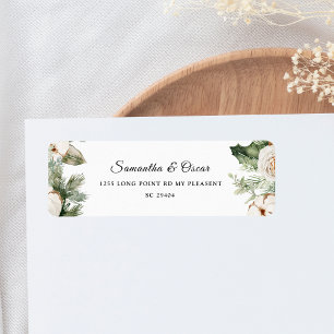 Etiqueta Árbol de pino verde acuático y flores blancas