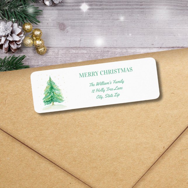 Etiqueta Árbol navideño acuarela con nieve dorada (Subido por el creador)