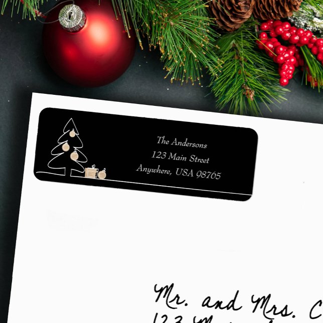 Etiqueta Árbol navideño más bonito en negro (Merriest Christmas tree on black return address labels)