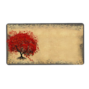 Etiqueta Árbol Rojo con Corazón Caprichoso y Lindo