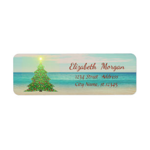 Etiqueta Árbol tropical de Navidad, playa