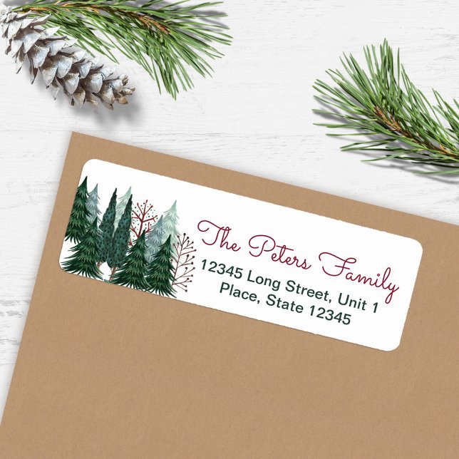 Etiqueta Árboles de Pino Verde Rústico | Navidad (Rustic Green Pine Trees | Holiday Christmas Label)