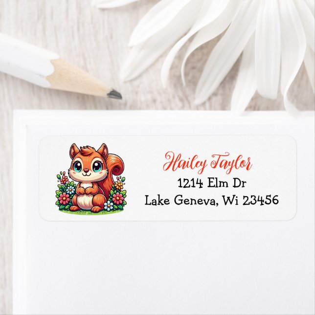 Etiqueta Ardilla Personalizado y flores rosadas (In situ)
