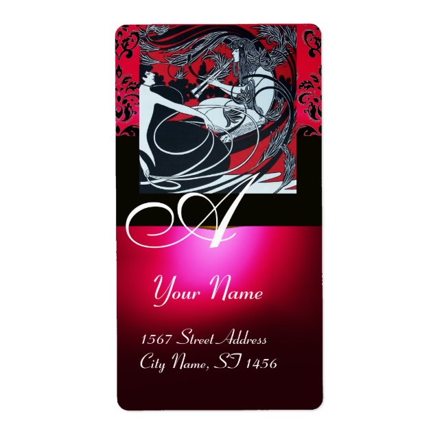 Etiqueta ART NOUVEAU ROJO ORO NEGRO DAMASK MONOGRAM ,ruby (Frente)