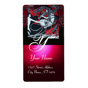 Etiqueta ART NOUVEAU ROJO ORO NEGRO DAMASK MONOGRAM ,ruby