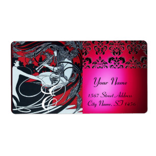 Etiqueta ART NOUVEAU ROJO ORO NEGRO DAMASK MONOGRAM ,ruby